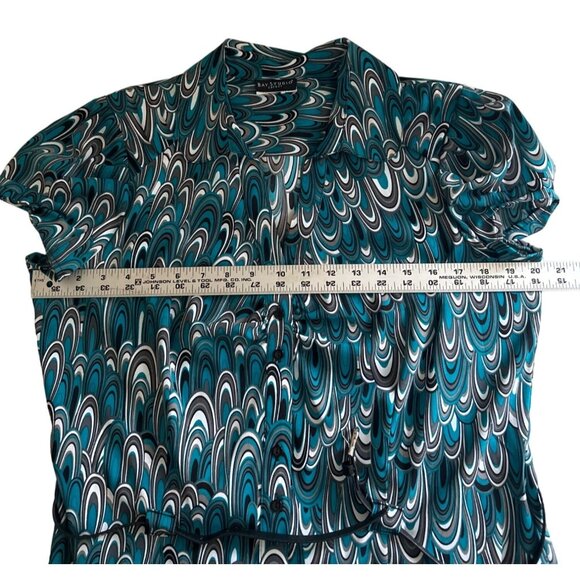 Bay Studio Career Top Teal Black White Abstract Print Short Sleeve Belted Blouse - Picture 5 of 7